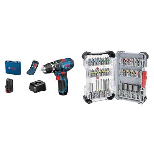 Bosch Professional 12V System Akku Schlagbohrschrauber GSB 12V-15 (inkl. 2x 2.0Ah Akku, Ladegerät, 10-tlg. Bitset, WerkzeugHandwerkoffer) + 43x Extra Hard Schrauberbit-Set (197 x 110,5 mm, Zubehör) von Bosch Professional