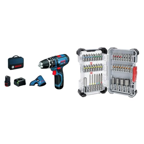 Bosch Professional 12V System Akku Schlagbohrschrauber GSB 12V-15 (inkl. 2x GBA 12V 2.0Ah, GAL 12V-40, Holster, 2x L-BOXX-Einlage) + 43x Extra Hard Schrauberbit-Set, 43‑tlg. (197 x 110,5 mm, Zubehör) von Bosch Professional
