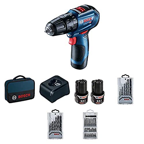 Bosch Professional 12V System Akku Schlagbohrschrauber GSB 12V-30 (inkl. 2x2.0 Ah Akku, Ladegerät GAL 1240 CV, 7-tlg. Holzbohrer Set, 7-tlg. Metallbohrer Set, 25-tlg. Bitset, Werkzeugkoffer) von Bosch Professional