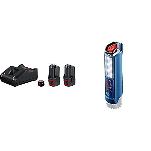 Bosch Professional 12V System Akku Set (2x2.0Ah Akku + Ladegerät GAL 12V-40 C132, im Karton) & 12V System Akku LED Lampe GLI 12V-300 (300 Lumen, ohne Akkus und Ladegerät, im Karton) von Bosch Professional