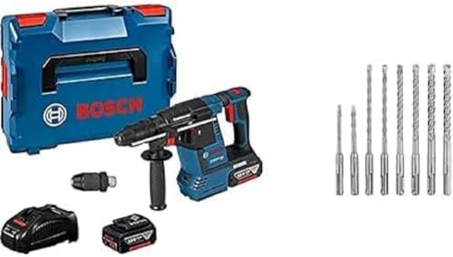 Bosch Professional 18V System Akku Bohrhammer GBH 18 V-26 F (SDS plus, inkl. 2x5.0Ah Akku, Schnellladegerät GAL 1880 CV, L-BOXX 136) + 8 tlg. Hammerbohrer SDS plus Set (für Beton, Zubehör) von Bosch Professional