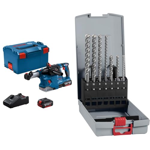 Bosch Professional 18V System Akku Bohrhammer GBH 18V-22 (inkl. 2x 4.0Ah Akku, Schnellladegerät) + 7x PRO SDS plus-5X Hammerbohrer-Set (für Beton, Kalk- und Sandsteine, Ø 5-12 mm, Zubehör) von Bosch Professional