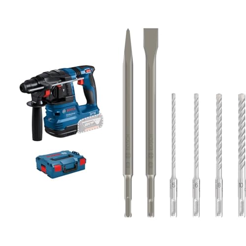 Bosch Professional 18V System Akku Bohrhammer GBH 18V-22 (zum Bohren von 6- bis 10-mm-Löchern, inkl. L-BOXX, ohne Akku/Ladegerät) + 6x PRO SDS plus-4C Meißel- und Bohrer-Set (für Beton, Ziegelstein) von Bosch Professional