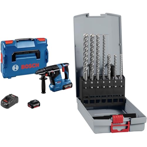Bosch Professional 18V System Akku Bohrhammer GBH 18V-24 C (inkl. 2x 5.0Ah Akku, Ladegerät) + 7x PRO SDS plus-5X Hammerbohrer-Set (für Beton, Kalk- und Sandsteine, Ø 5-12 mm) von Bosch Professional