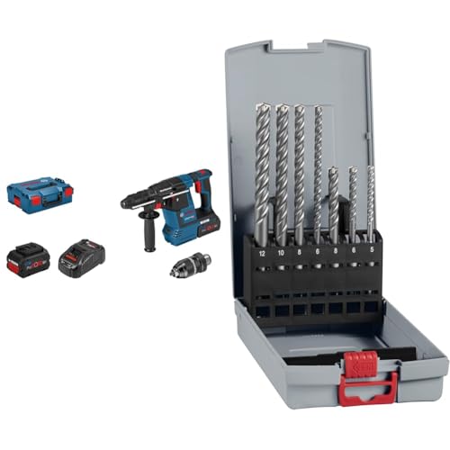 Bosch Professional 18V System Akku Bohrhammer GBH 18V-26 F (inkl. 2x 5.5Ah ProCORE18V Akku, Ladegerät) + 7x PRO SDS plus-5X Hammerbohrer-Set (für Beton, Kalk- und Sandsteine, Ø 5-12 mm) von Bosch Professional