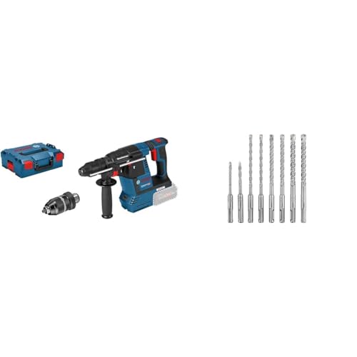 Bosch Professional 18V System Akku Bohrhammer GBH 18V-26 F (ohne Akkus und Ladegerät, inkl. Zusatzhandgriff, Tiefenanschlag, Maschinentuch) + 8 tlg. Hammerbohrer SDS plus Set (für Beton) von Bosch Professional