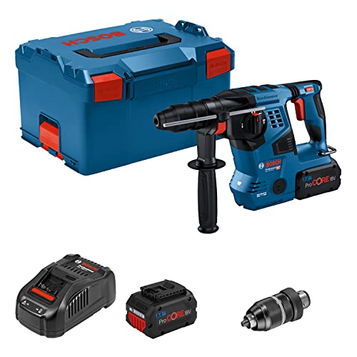 Bosch Professional 18V System Akku Bohrhammer GBH 18V-28 CF (inkl. Zusatzhandgriff, Fetttube, Schnellspannbohrfutter, 2x Akku ProCORE18V 8.0Ah, Ladegerät GAL 1880 CV, Einlage, L-BOXX) von Bosch Professional