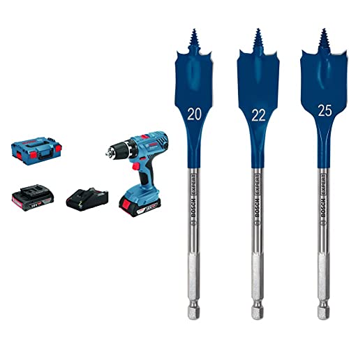 Bosch Professional 18V System Akku-Bohrschrauber GSR 18V-21 (inkl. Akku + Ladegerät, in L-BOXX 136) + 6x Expert SelfCut Speed Flachfräsbohrer Set (für Weichholz, Grobspanplatte, Ø 13-25 mm, Zubehör) von Bosch Professional