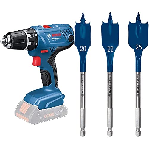 Bosch Professional 18V System Akku Bohrschrauber GSR 18V-21 (ohne Akkus und Ladegerät, im Karton) + 6x Expert SelfCut Speed Flachfräsbohrer Set (für Weichholz, Grobspanplatte, Ø 13-25 mm, Zubehör) von Bosch Professional