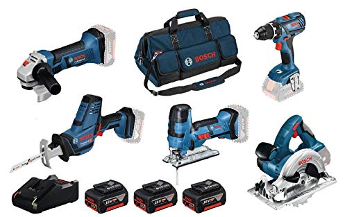 Bosch Professional 18V System Akku Bohrschrauber GSR 18V-28+Stichsäge GST 18V-LI S+Winkelschleifer GWS 18-125V-LI+Kreissäge GKS 18V-LI+Säbelsäge GSA 18V-LI C (inkl. 3x4.0Ah Akku, Ladegerät, in Tasche) von Bosch Professional