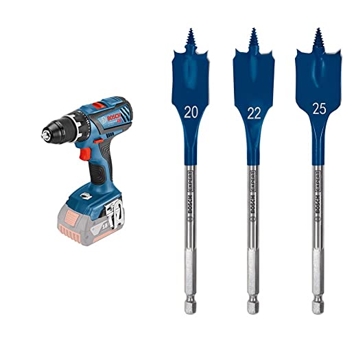 Bosch Professional 18V System Akku Bohrschrauber GSR 18V-28 (ohne Akkus und Ladegerät, im Karton) + 7x Expert SelfCut Speed Flachfräsbohrer Set (für Weichholz, Grobspanplatte, Ø 16-32 mm, Zubehör) von Bosch Professional