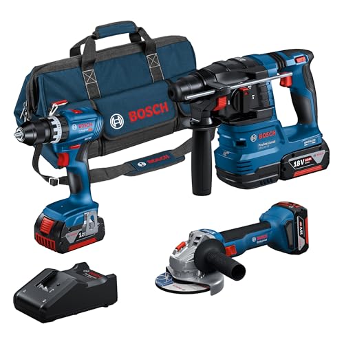 Bosch Professional 18V System Akku-Combo Kit: GSB 18V-45 + GBH 18V-22 + GWS 18V-8 (inkl. 3x GBA 4.0Ah, GAL 18V-40, Werkzeugtasche) – Amazon Exclusive von Bosch Professional
