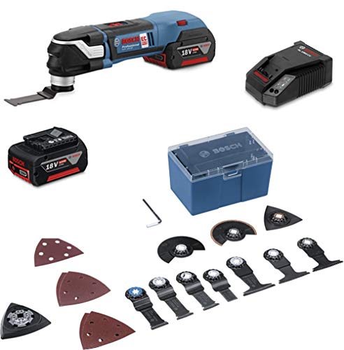 Bosch Professional 18V System Akku Multi-Cutter GOP 18V-28 (inkl. 2x5,0 Ah Akku, Schnellladegerät, 7x Tauchsägeblatt, 10x Schleifpapier, 3x Segmentsägeblatt, 1x Schleifplatte, L-BOXX) von Bosch Professional