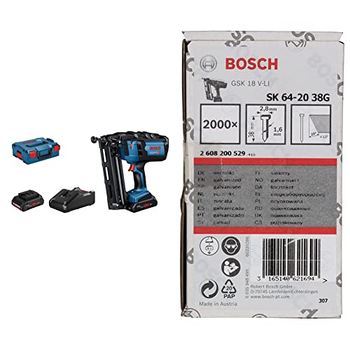 Bosch Professional 18V System Akku-Nagler GNH 18V-64 (Nagel-Ø 1,6 mm, max. Nagellänge 64 mm, 2x ProCORE18V 4.0Ah Akku, Ladegerät GAL 18V-40, in L-BOXX 136) + 2000x Senkkopf-Stift SK64 20G, 38 mm von Bosch Professional