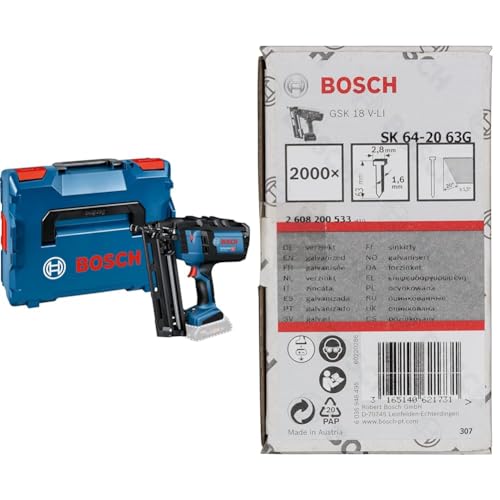 Bosch Professional 18V System Akku-Nagler GNH 18V-64 (Nagel-Ø 1,6 mm, max. Nagellänge 64 mm, ohne Akkus und Ladegerät, in L-BOXX 136) + 2000x Senkkopf-Stift SK64 20G, 63 mm von Bosch Professional