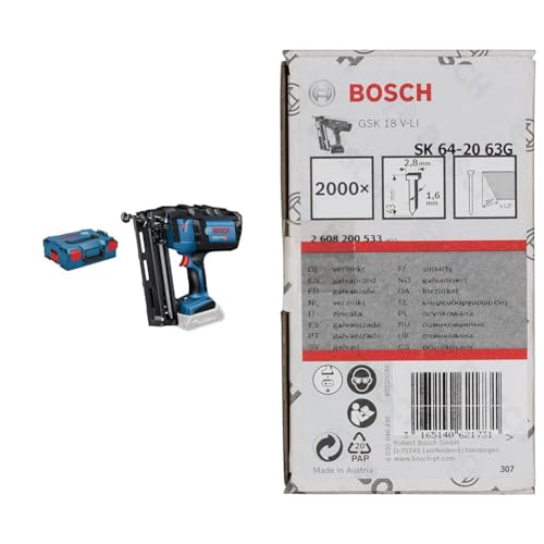 Bosch Professional 18V System Akku-Nagler GNH 18V-64 M (Nagel-Ø 1,6 mm, max. Nagellänge 64 mm, ohne Akkus und Ladegerät, in L-BOXX 136) + 2000x Senkkopf-Stift SK64 20G, 63 mm von Bosch Professional