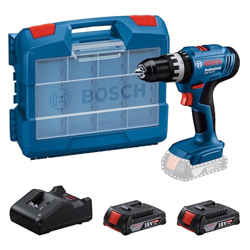 Bosch Professional 18V System Akku Schlagbohrschrauber GSB 18V-25 (max. Schrauben-Ø: 10 mm, inkl. 2x GBA 2.0 Ah, GAL 18V-20, 63-tlg. Zubehör-Set, L-Case Pick & Click) von Bosch Professional