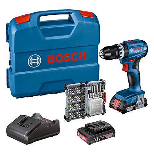 Bosch Professional 18V System Akku-Schlagbohrschrauber GSB 18V-45 (Drehzahl 1.900 min⁻¹, 2 x Akkus 2,0 Ah, Zubehöre, GAL 18V-20, L-Case) – Amazon Exclusive, Blue, 06019K3307 von Bosch Professional