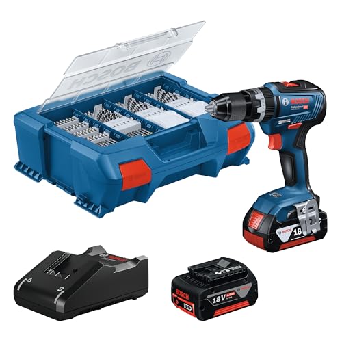 Bosch Professional 18V System Akku Schlagbohrschrauber GSB 18V-55 (max. Drehmoment 55 Nm, inkl. 2x 4.0Ah Akku, Ladegerät GAL 18V-20, 82-teiliges Zubehör-Set, L-Case Pick & Click) von Bosch Professional