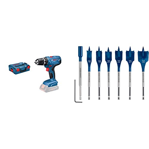 Bosch Professional 18V System Akku-Schlagbohrschrauber GSR 18V-21 (ohne Akkus, in L-BOXX 136) + 7x Expert SelfCut Speed Flachfräsbohrer Set (für Weichholz, Grobspanplatte, Ø 16-32 mm, Zubehör) von Bosch Professional