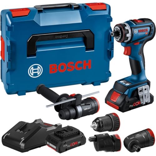 Bosch Professional 18V System Akku Schrauber GSR 18V-90 FC - FlexiClick System (inkl. 1x GFA 18-M, 1x GFA 18-E, 1x GFA 18-W, 1x GFA 18-H, 2x Akku ProCORE18V 4.0Ah, Schnellladegerät GAL 18V-40, L-BOXX) von Bosch Professional