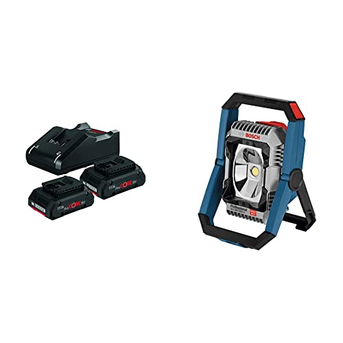 Bosch Professional 18V System Akku Set (2x4.0Ah Akkus + Ladegerät GAL 18V-40, im Karton) & 18V System Akku LED-Baustellenlampe GLI 18V-2200 C (max. Helligkeit 2200 Lumen) von Bosch Professional