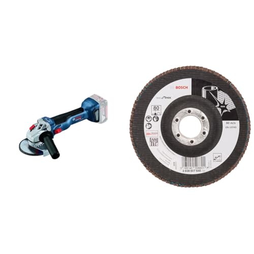Bosch Professional 18V System Akku Winkelschleifer GWS 18V-10 (Ø: 125mm, inkl. Schnellspannmutter, Schutzhaube, Aufnahmeflansch, ohne Akku/Ladegerät) + Fächerschleifscheibe X581 Best for Inox Korn 80 von Bosch Professional