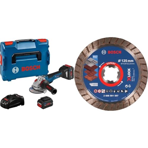 Bosch Professional 18V System Akku-Winkelschleifer GWS 18V-10 PSC (Ø 125 mm, 2x Akku, Ladegerät) + 1x EXPERT MultiMaterial X-LOCK Diamanttrennscheibe (Beton, Ziegelsteine, Weichgestein, Dachziegeln) von Bosch Professional