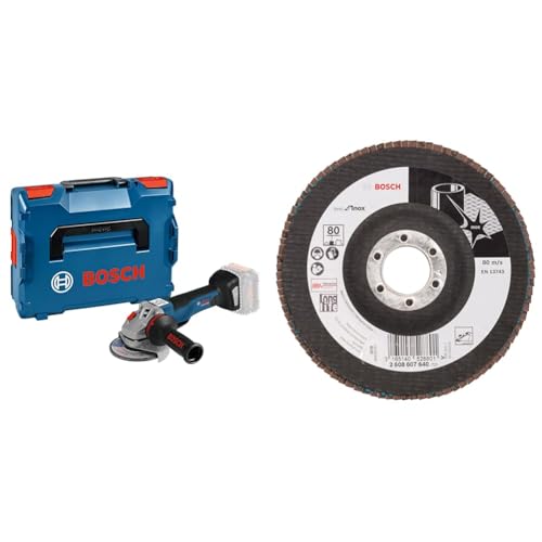 Bosch Professional 18V System Akku Winkelschleifer GWS 18V-10 PSC (inkl. Aufnahmeflansch, Schutzhaube, Einlage, L-BOXX, ohne Akku/Ladegerät) + Fächerschleifscheibe X581 Best for Inox Korn 80 von Bosch Professional