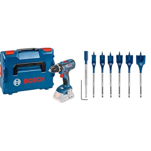 Bosch Professional 18V System Akkuschrauber GSR 18V-28 (ohne Akku und Ladegerät, in L-BOXX) + 7x Expert SelfCut Speed Flachfräsbohrer Set (für Weichholz, Grobspanplatte, Ø 16-32 mm, Zubehör) von Bosch Professional