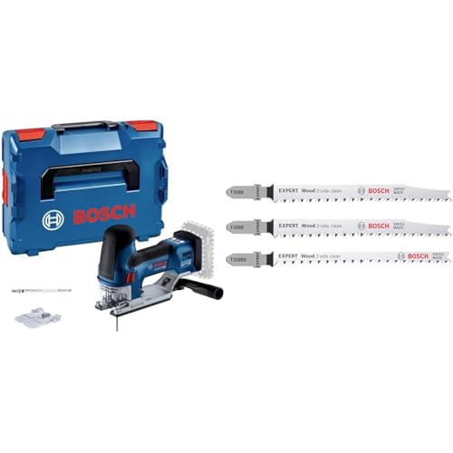 Bosch Professional 18V System Cordless Jigsaw GST 18V-155 SC + 3x EXPERT Wood 2-side clean Jigsaw Blade Set (for Solid wood furniture board, Plywood, Length 117 mm) von Bosch Professional