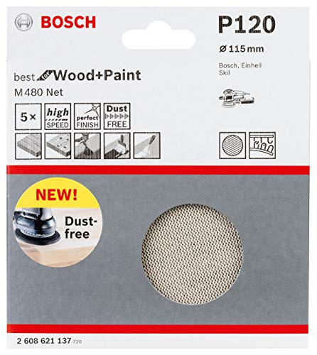 Bosch Professional 5 Stück Schleifblatt M480 Best for Wood and Paint (Holz und Farbe, Ø 115 mm, Körnung P120, Zubehör Exzenterschleifer) von Bosch Accessories