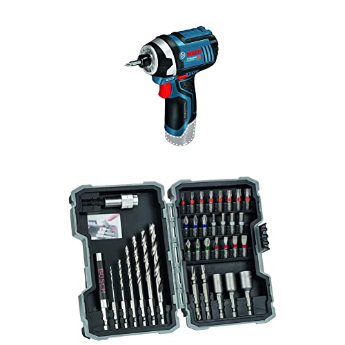Bosch Professional Akku Drehschlagschrauber GDR 12V-105 (ohne Akkus und Ladegerät, in Karton) + 35tlg. HSS Holz Bohrer und Bit Set Extra Hart (Kreuzschlitz-, Pozidriv-, Hex-, TH-, S-Bit, Zubehör) von Bosch Professional