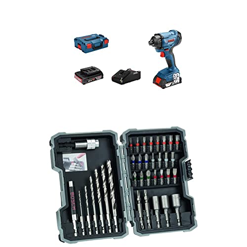 Bosch Professional Akku Drehschlagschrauber GDR 18V-160 (2x 2.0Ah Akkus und Ladegerät, in L-BOXX) + 35tlg. HSS Holz Bohrer und Bit Set Extra Hart (Kreuzschlitz-, Pozidriv-, Hex-, TH-, S-Bit, Zubehör) von Bosch Professional