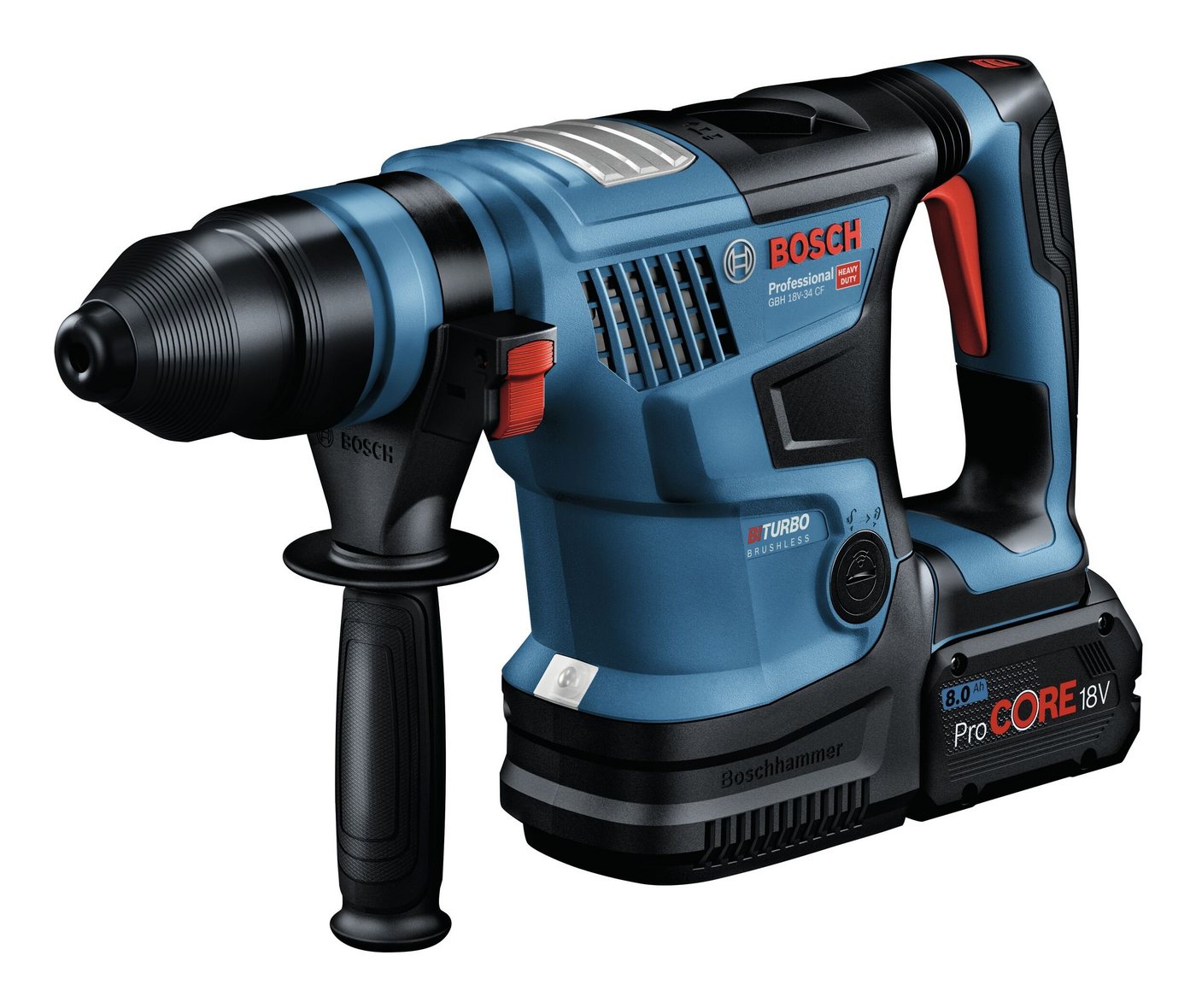 Bosch Professional Akku-Kombibohrhammer GBH 18V-34 CF BITURBO, 18 V, max. 500 U/min, Mit SDS plus mit 2x Akku ProCORE 8 Ah - im Handwerkerkoffer von Bosch Professional