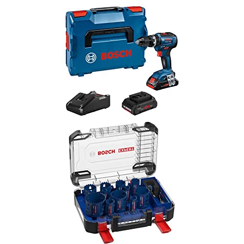 Bosch Professional Akku Schlagbohrmaschine GSB 18V-55 (2x 4,0 Ah ProCore Akku, in L-BOXX) Blau + 14 tlg. Expert Tough Material Lochsäge Set (für Holz mit Metall, 20-76 mm, Zubehör Bohrmaschine) von Bosch Professional