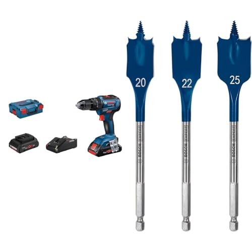 Bosch Professional Akku Schlagbohrmaschine GSB 18V-55 (2x 4,0 Ah ProCore Akku, in L-BOXX) Blau + 3x Expert SelfCut Speed Flachfräsbohrer Set (für Weichholz, Grobspanplatte, Ø 20-25 mm, Zubehör) von Bosch Professional