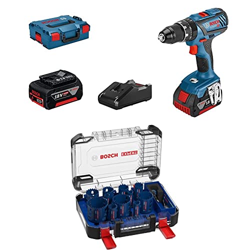 Bosch Professional Akku Schlagbohrschrauber GSB 18V-28 + 14 tlg. Expert Tough Material Lochsäge Set (für Holz mit Metall, Ø 20-76 mm, Zubehör Bohrmaschine) von Bosch Professional