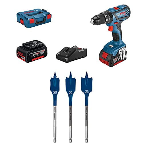 Bosch Professional Akku Schlagbohrschrauber GSB 18V-28 + 7x Expert SelfCut Speed Flachfräsbohrer Set (für Weichholz, Grobspanplatte, Ø 16-32 mm, Zubehör Schlagbohrmaschine) von Bosch Professional