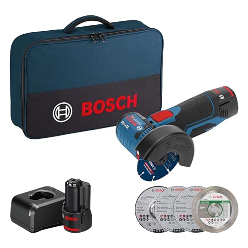 Bosch Professional 12V System Akku Winkelschleifer GWS 12V-76 (inkl. 2x 2.0Ah Akku, 5tlg. Trenn- und Schleifscheiben-Set, Tasche) von Bosch Professional
