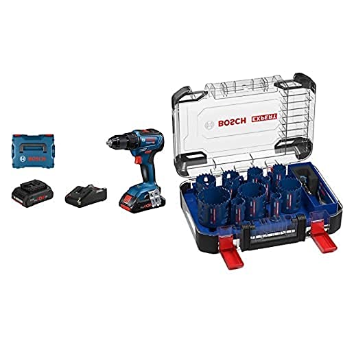 Bosch Professional Akkuschrauber GSR 18V-55 (2x 4,0 Ah ProCore Akku, in L-BOXX) + 14 tlg. Expert Tough Material Lochsäge Set (für Holz mit Metall, Ø 20-76 mm, Zubehör) von Bosch Professional