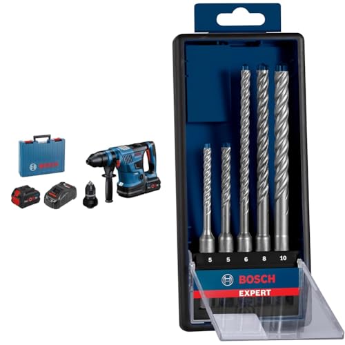 Bosch Professional BITURBO Akku Bohrhammer GBH 18V-34 CF (SDS plus Wechselfutter, 2x8.0 Ah ProCORE18V Akku, Ladegerät) + 5x Expert SDS plus-7X Hammerbohrer Set (für Stahlbeton, Ø 5-10 mm) von Bosch Professional