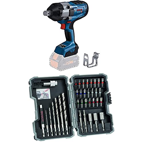 Bosch Professional BITURBO Akku Drehschlagschrauber GDS 18V-1050 H (ohne Akkus & Ladegerät, im Karton) +35tlg. HSS Holz Bohrer & Bit Set Extra Hart (Kreuzschlitz-,Pozidriv-,Hex-, TH-, S-Bit, Zubehör) von Bosch Professional