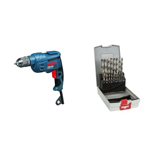 Bosch Professional Bohrmaschine GBM 10 RE (600 Watt, 1-10 mm Schnellspannborhfutter, im Karton) + 19tlg. ProBox Metallbohrer Set HSS-G (geschliffen, Zubehör Bohrschrauber und Bohrständer) von Bosch Professional