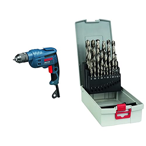 Bosch Professional Bohrmaschine GBM 10 RE (600 Watt, 1-10 mm Schnellspannborhfutter, im Karton) + 25tlg. ProBox Metallbohrer Set HSS-G (geschliffen, Zubehör Bohrschrauber und Bohrständer) von Bosch Professional