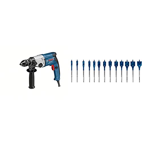 Bosch Professional Bohrmaschine GBM 13-2 RE (750 Watt, im Karton) + 13x Expert SelfCut Speed Flachfräsbohrer Set (für Weichholz, Grobspanplatte, Ø 10-32 mm, Zubehör) von Bosch Professional