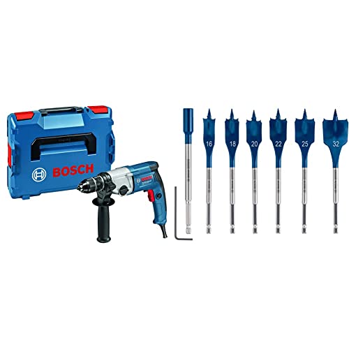 Bosch Professional Bohrmaschine GBM 13-2 RE (750 Watt, inkl. Schnellspannbohrfutter 13 mm, L-BOXX 102 + 7x Expert SelfCut Speed Flachfräsbohrer Set (für Weichholz, Grobspanplatte, Ø 16-32 mm, Zubehör) von Bosch Professional