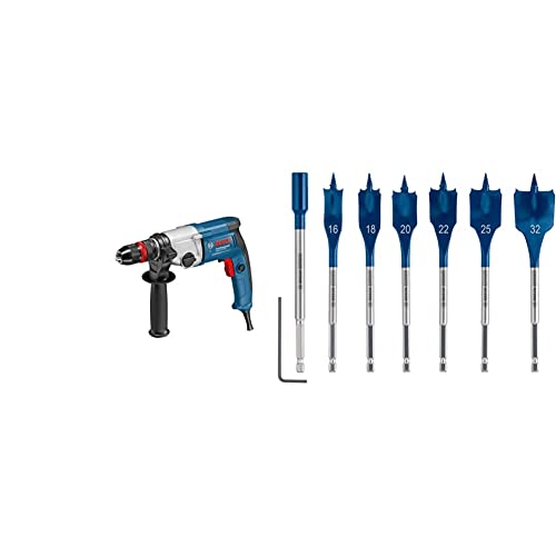 Bosch Professional Bohrmaschine GBM 13-2 RE (inkl. Präzisionsbohrfutter 13 mm, im Karton) + 7x Expert SelfCut Speed Flachfräsbohrer Set (für Weichholz, Grobspanplatte, Ø 16-32 mm, Zubehör) von Bosch Professional