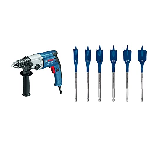 Bosch Professional Bohrmaschine GBM 13-2 RE (inkl. Zahnkranzbohrfutter 1,5-13mm,Karton) + 6x Expert SelfCut Speed Flachfräsbohrer Set (für Weichholz, Grobspanplatte, Ø 13-25 mm, Zubehör) von Bosch Professional