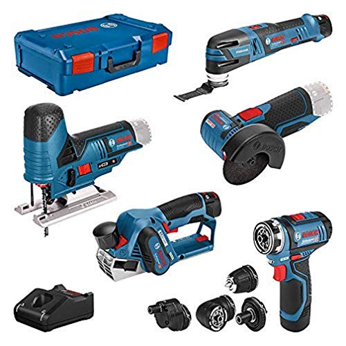 Bosch Professional Akku Bohrschrauber GSR 12V-15 FC(+4x Aufsätze)+ GHO 12V-20+Winkelschleifer GWS 12V-76+Stichsäge GST 12V-70+Multi-Cutter GOP 12V-28 (inkl. 2x2.0 Ah, 1x3.0 Ah Akku+Ladegerät, XL-BOXX) von Bosch Professional